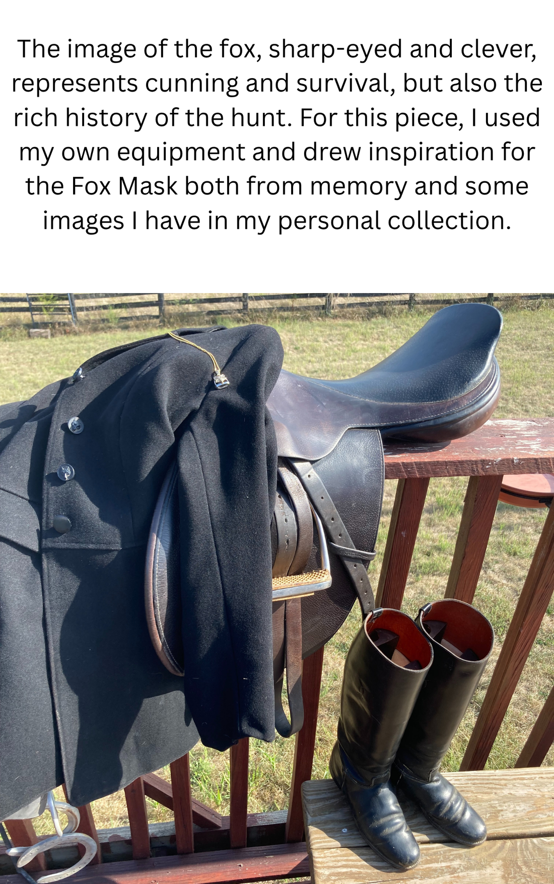 14k Gold Fox Mask on Sterling Silver Stirrup shown with artist's tack.