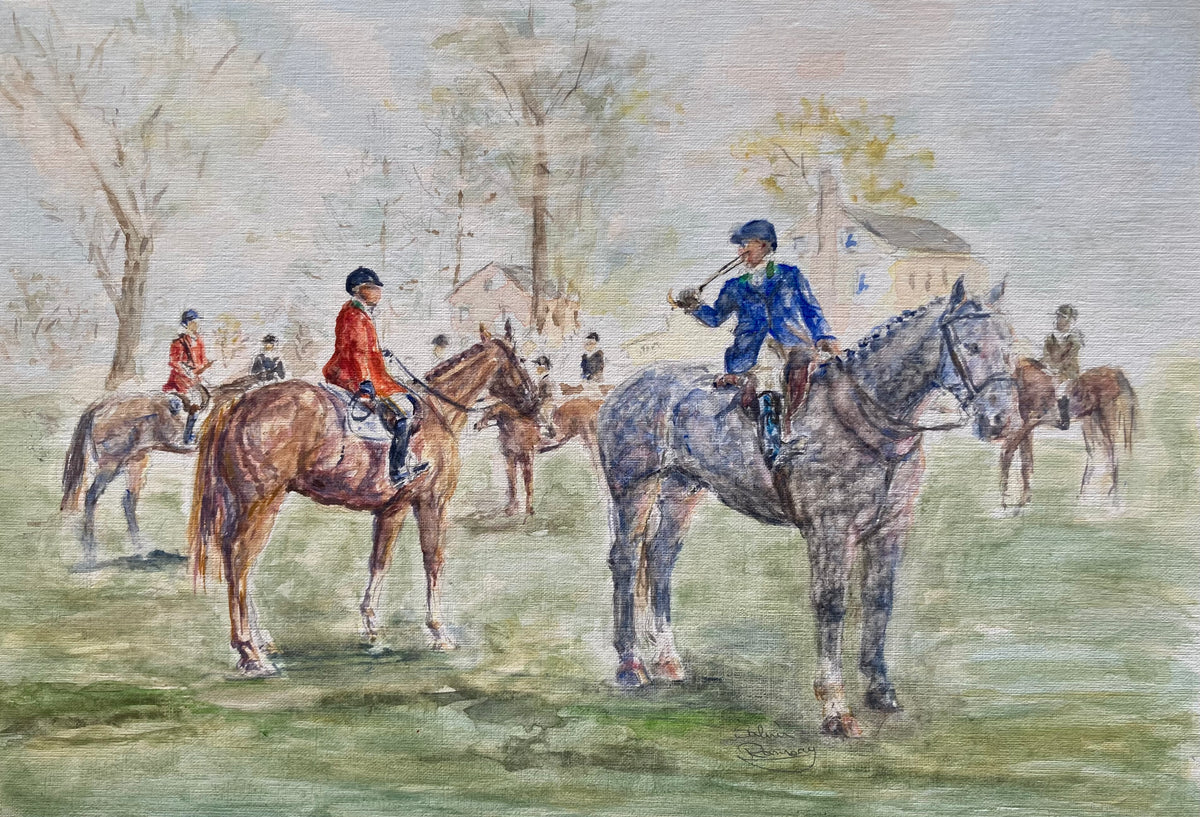Blessing Day Gathering at Shaker Village, original 11 × 16 equestrian watercolor by Salina Ramsay depicting a traditional Kentucky foxhunt gathering.