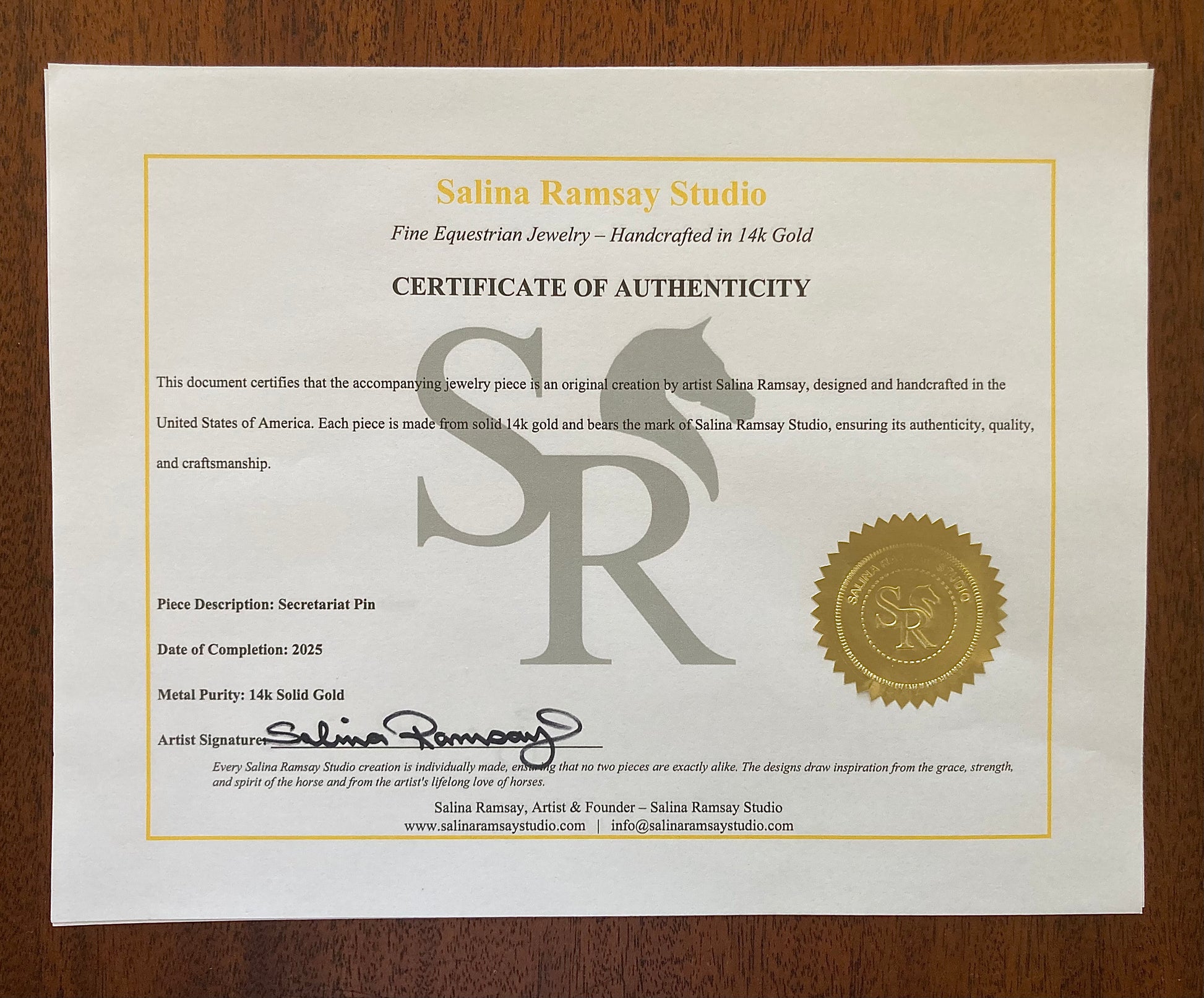 Secretariat Solid 14k Gold Pin Certificate of Authenticity - Salina Ramsay Studio
